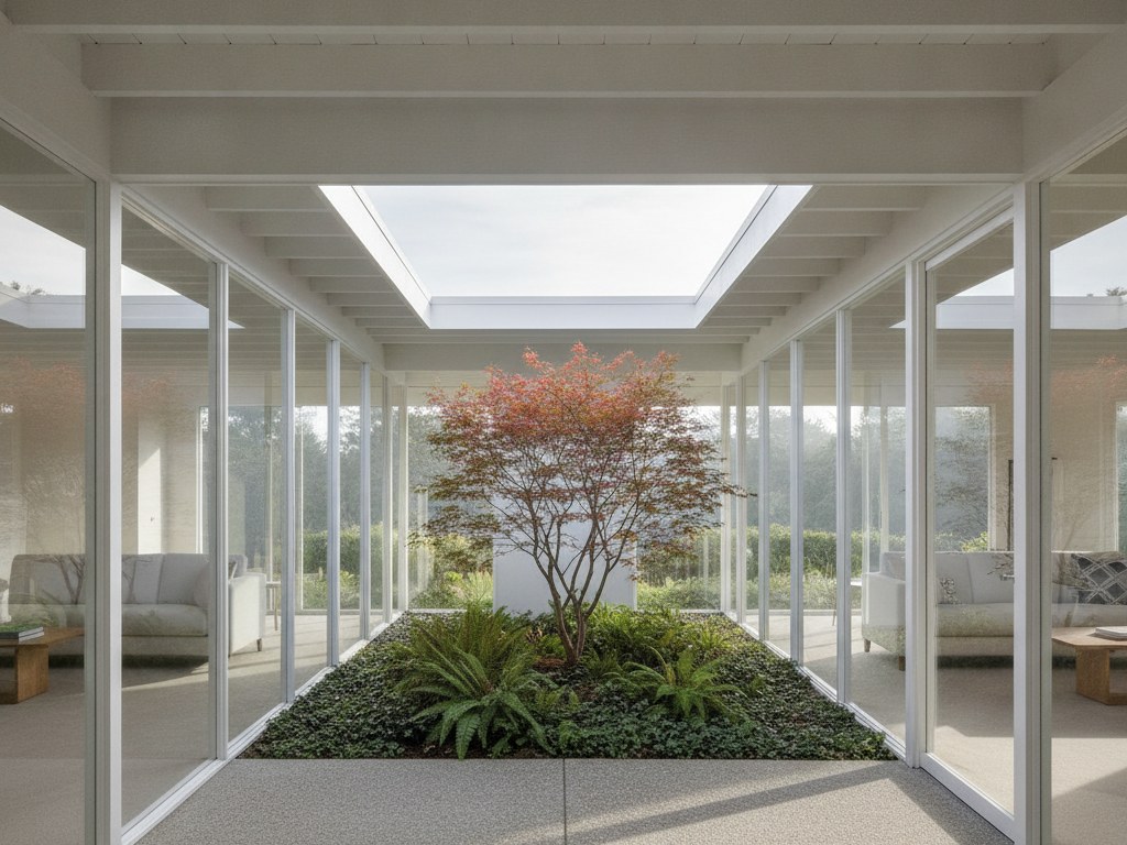 Mid-century modern house entry with an open atrium, post-and-beam roof and walls of glass