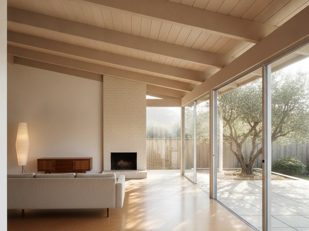 Modern living room with exposed beams, a brick fireplace and floor-to-ceiling glass to a patio